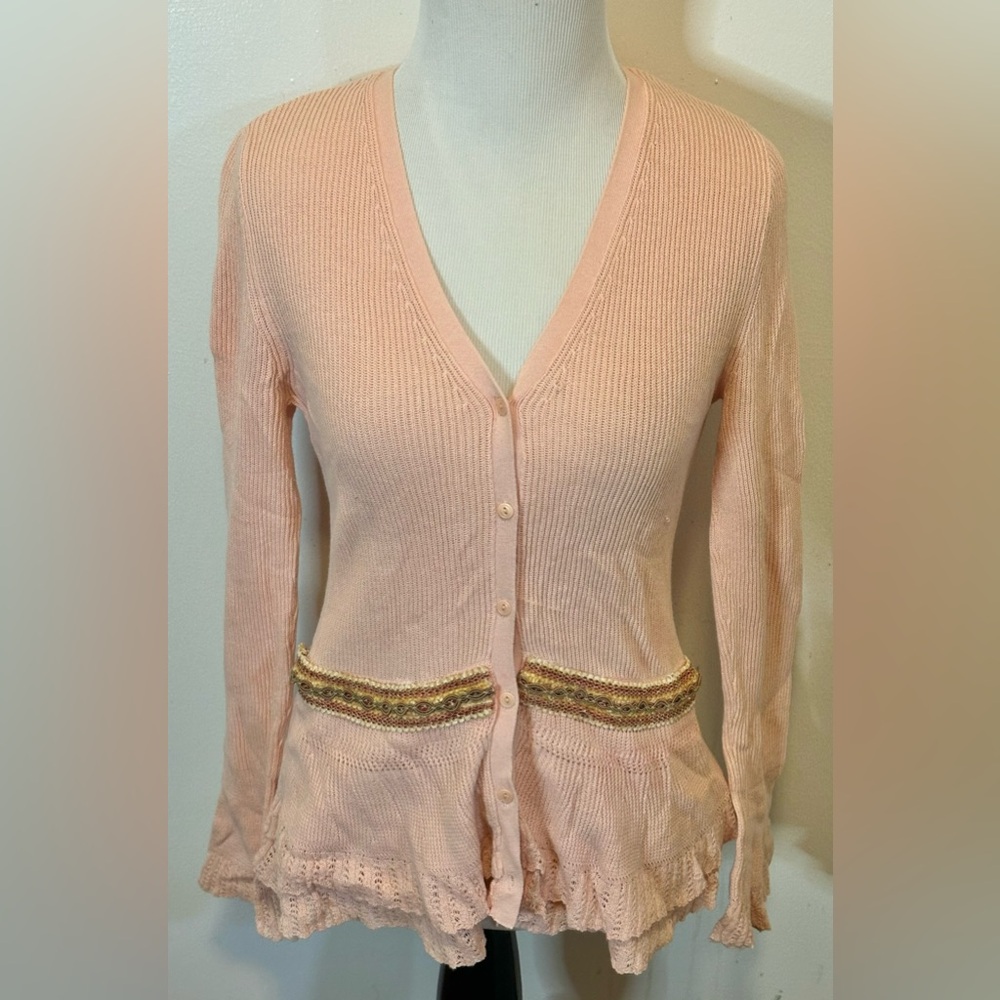Ralph Lauren Thermal Cotton Pink Pastel Cardigan with Ruffles Size MP Coquette